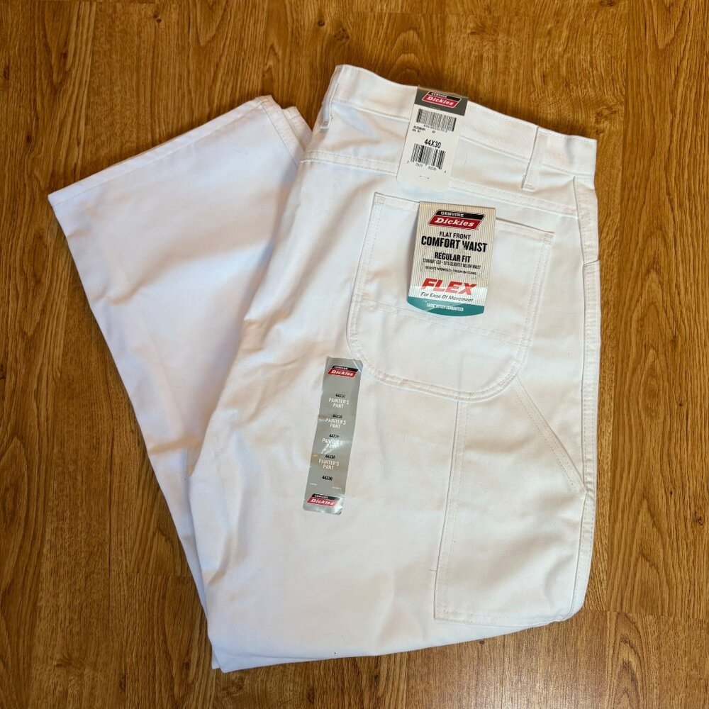 Dickies Mens 44X30 White Painters Pants Comfort Waist Flat Front‎ Flex 44x30